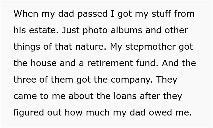 Text excerpt about emptying father’s estate including photos, loans, and inheritance of house, retirement fund, and company.