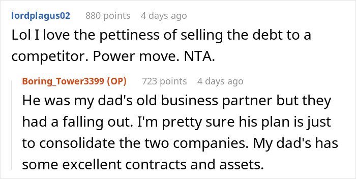 Reddit conversation about emptying father's estate and disputed business debts between former partners.