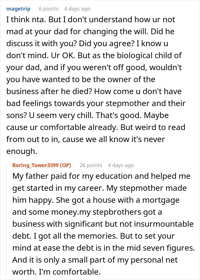Reddit conversation about emptying father's estate with will changes, stepmother, stepbrothers, and managing inherited debt.