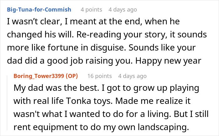 Reddit comments discussing experiences and reflections related to emptying fathers estate and changes in wills.