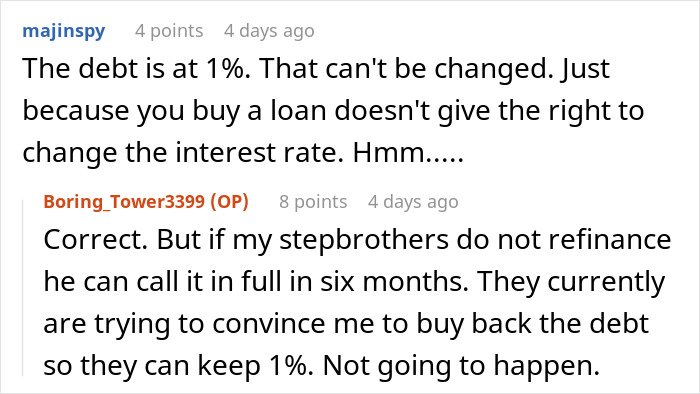 Screenshot of a forum discussion about emptying father’s estate will and debt refinancing challenges.