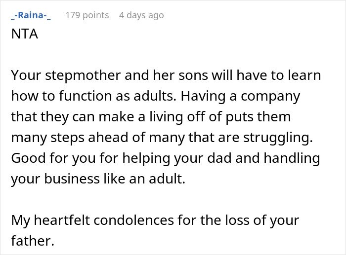 Comment discussing emptying father’s estate and managing business responsibly after the loss, with condolences expressed.