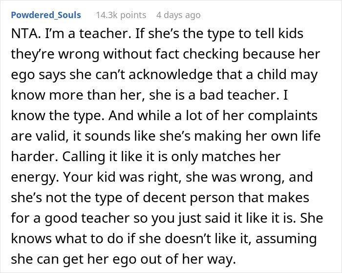 Comment from a teacher discussing a kid knowing a fun fact the teacher didn’t, highlighting the dad’s support in the situation.