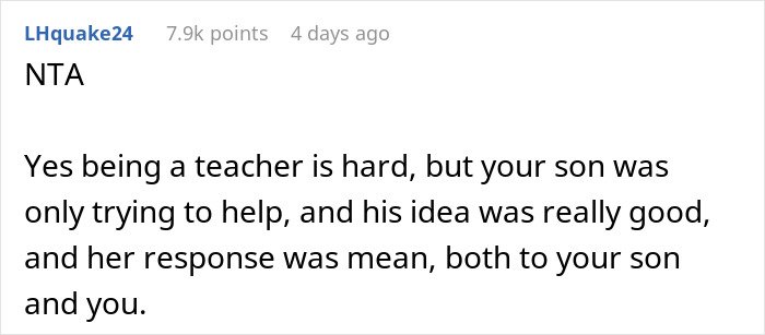 Comment discussing a teacher challenged by a kid's fun fact and the kid’s dad supporting his son’s cleverness.