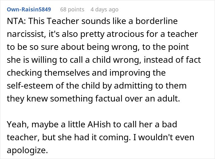 Comment discussing a teacher being wrong about a fun fact a kid knew, highlighting the dad putting her in her place.