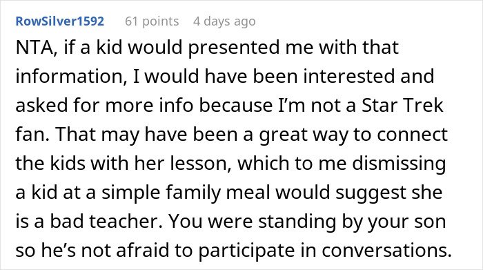 Comment explaining how a kid shared a fun fact with a teacher, and his dad supports the child’s knowledge.