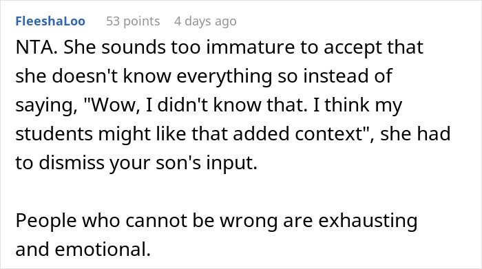 Screenshot of a Reddit comment discussing a teacher being corrected by a kid and the dad supporting the kid’s fun fact.