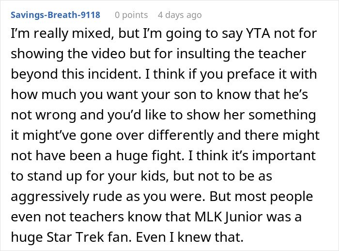 Comment discussing a teacher getting schooled by a kid with a fun fact, and his dad putting her in her place.