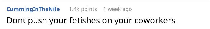 Screenshot of an online comment expressing discomfort about coworkers pushing fetishes in the workplace.