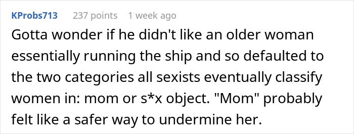 Comment discussing a woman feeling weirded out as a coworker insists on calling her work mom and its sexist implications.