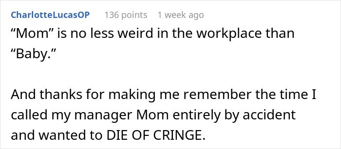 Screenshot of a forum comment discussing a woman weirded out as coworker insists on calling her work mom.