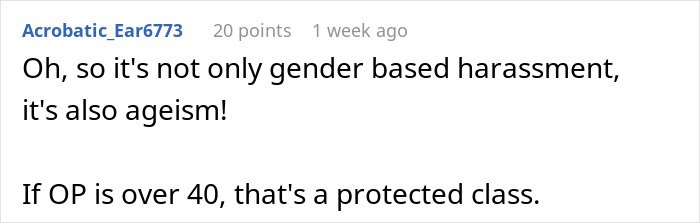 Screenshot of a Reddit comment discussing gender-based harassment and ageism in a workplace context.