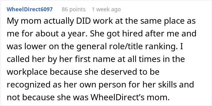 Text comment on a social media post about a woman weirded out as coworker insists on calling her work mom.