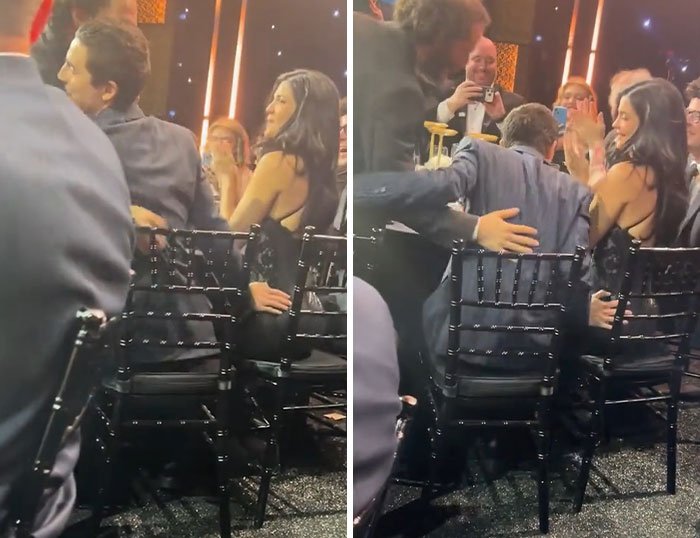 Timothée Chalamet using Kylie's BBL technique to stand up at Critics Choice Awards amid audience applause.