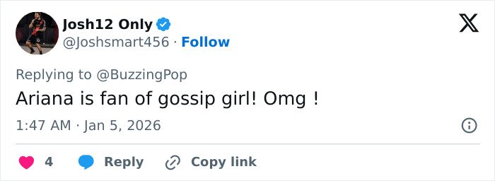 Screenshot of a tweet mentioning Ariana Grande related to a gossip topic involving Leighton Meester on the red carpet.