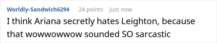 Comment mentioning Ariana secretly hating Leighton after a sarcastic remark during a red carpet event.