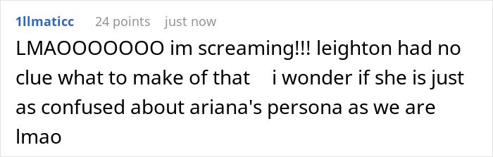 Screenshot of online comment discussing Leighton Meester's reaction and Ariana Grande&rsquo;s persona on the red carpet.