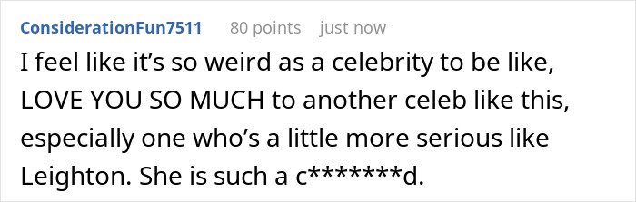 Screenshot of a comment discussing Ariana Grande being roasted after Leighton Meester appeared to mock her on the red carpet.