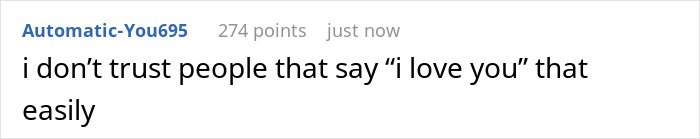 Screenshot of an online comment expressing distrust about people who say I love you too easily.