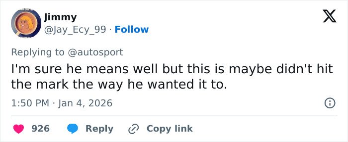 Tweet from user Jimmy responding to backlash over F1 star Pierre Gasly&rsquo;s Michael Schumacher tribute.