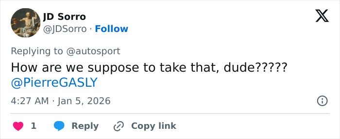 Screenshot of a Twitter reply criticizing F1 star Pierre Gasly over a Michael Schumacher tribute controversy.