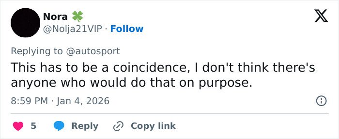 Tweet from user Nora reacting to backlash faced by F1 star Pierre Gasly over Michael Schumacher tribute.