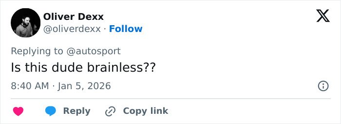 Tweet by user Oliver Dexx criticizing F1 star Pierre Gasly over backlash about Michael Schumacher tribute.