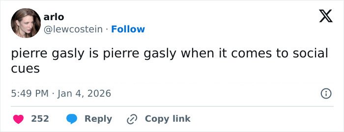 Tweet by arlo discussing Pierre Gasly's social cues amid backlash over F1 star's Michael Schumacher tribute.