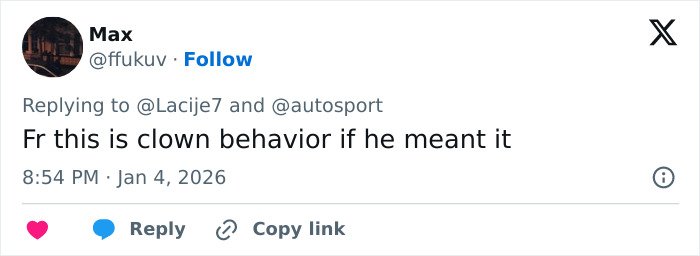 Screenshot of a social media reply criticizing F1 star Pierre Gasly for a tasteless Michael Schumacher tribute.