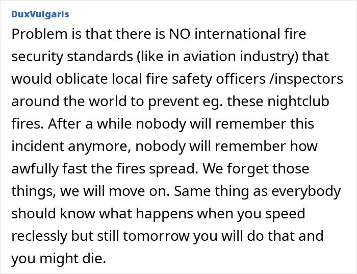 Comment highlighting no international fire security standards and lessons from fast-spreading fires related to Swiss resort blaze tragedy.