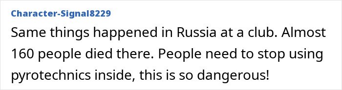 User comment warning about dangers of indoor pyrotechnics after a tragic incident with many fatalities in Russia.