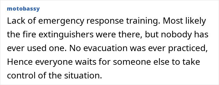Comment highlighting lack of emergency response training amid the horrific Swiss resort blaze that claimed nearly 50 lives.