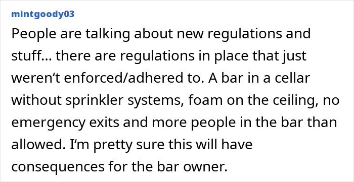 Comment discussing lack of fire safety regulations and overcrowding contributing to the Swiss resort blaze tragedy.