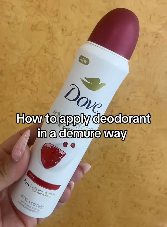 Hand holding Dove deodorant with text overlay about applying deodorant linked to overused slang words and phrases.