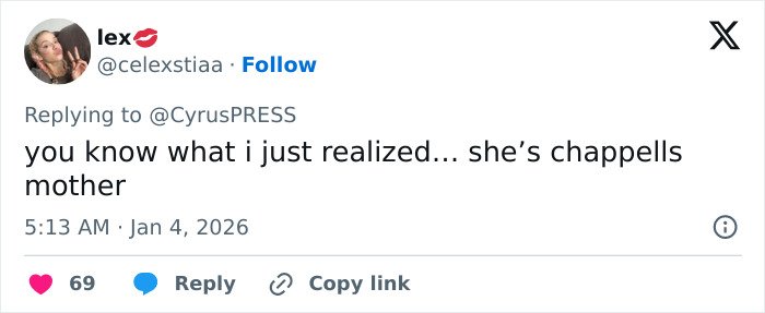 Tweet from user lex discussing a realization about a celebrity’s family relation, engaging with CyrusPRESS.