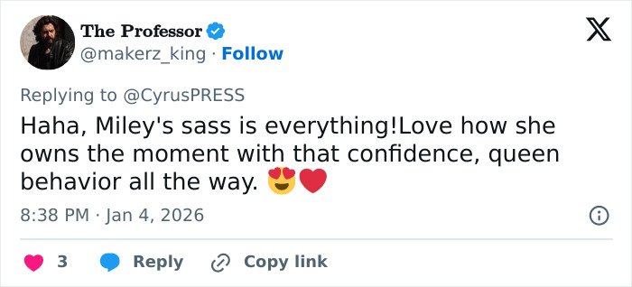 Screenshot of a tweet praising Miley Cyrus for her confident pushback at photographers during a tense red carpet encounter.