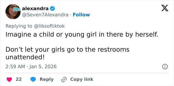 Tweet warning about unattended children in restrooms, reflecting transphobic outrage over Planet Fitness locker room policies.