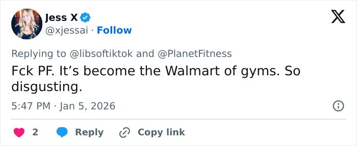 Social media post criticizing Planet Fitness amid transphobic bathroom incident and locker room gender policy outrage.