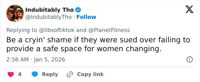Tweet responding to Planet Fitness about failing to provide safe space for women changing amid transphobic locker room policies controversy.