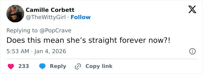 Tweet from Camille Corbett reacting to JoJo Siwa name change and dramatic transformation, questioning her orientation.