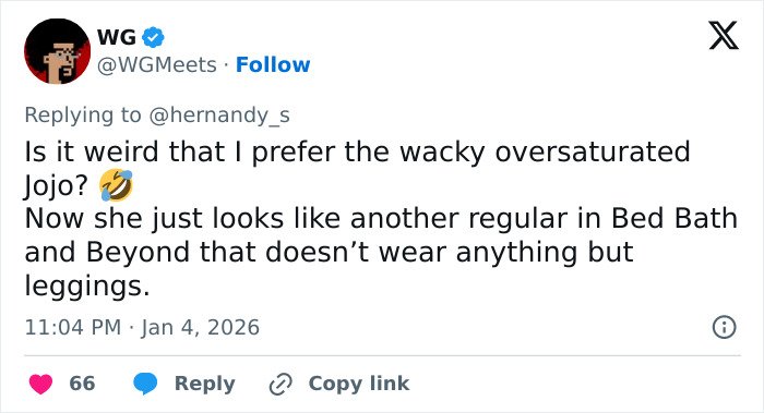 Screenshot of a tweet discussing JoJo Siwa's dramatic transformation and name change after her bizarre adventure.