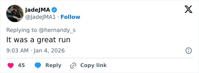 Tweet by JadeJMA saying it was a great run, related to JoJo Siwa name change after dramatic transformation.