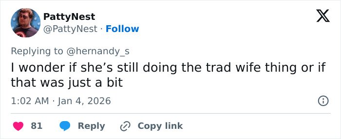 Tweet from user PattyNest questioning if someone is still embracing the trad wife lifestyle amid JoJo Siwa name change news.