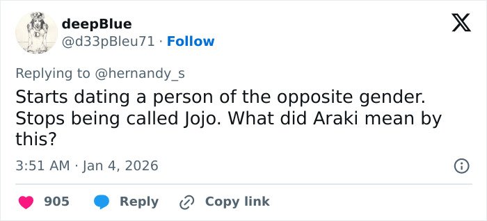 Tweet discussing JoJo Siwa's name change and transformation, questioning Araki's meaning behind it.