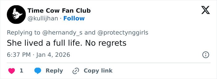 Twitter reply from Time Cow Fan Club commenting on JoJo Siwa's name change and transformation with no regrets.