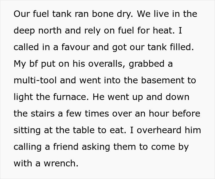 Text describing a woman ready to dump her boyfriend who feels emasculated when she fixes things around the house.