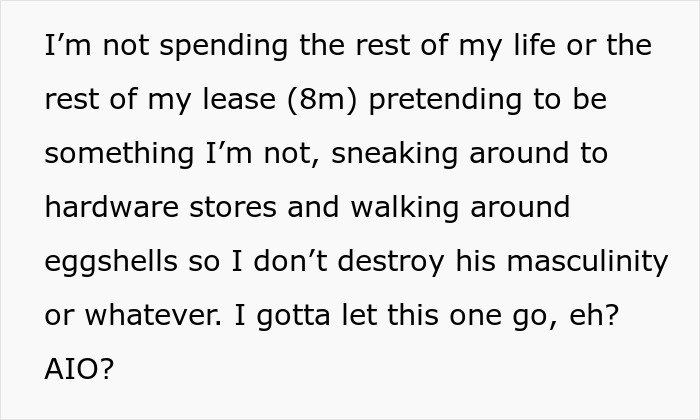 Text excerpt about woman ready to dump boyfriend as he feels emasculated when she fixes things, affecting his masculinity.