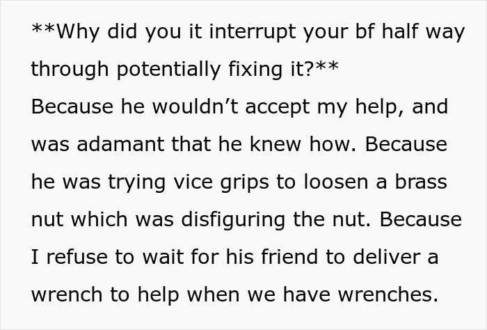 Text excerpt discussing a woman ready to dump her boyfriend who feels emasculated when she fixes things.