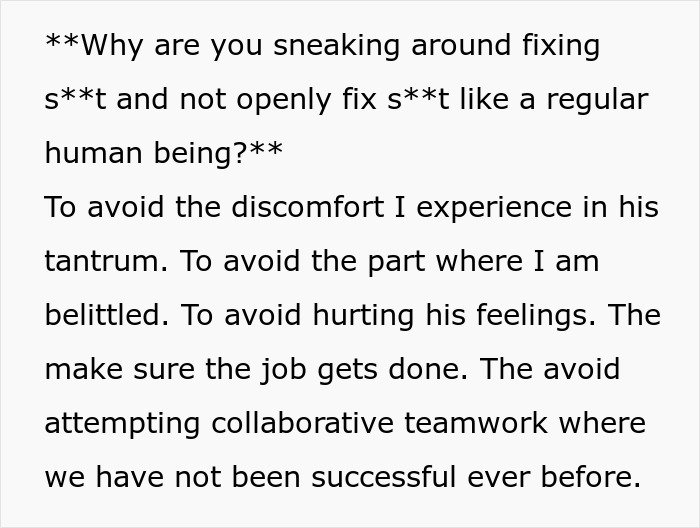 Text conversation showing frustration about fixing things secretly to avoid boyfriend feeling emasculated and belittled.