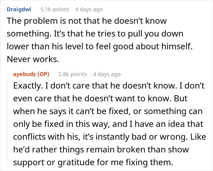 Reddit conversation discussing a woman ready to dump her boyfriend who feels emasculated when she fixes things.